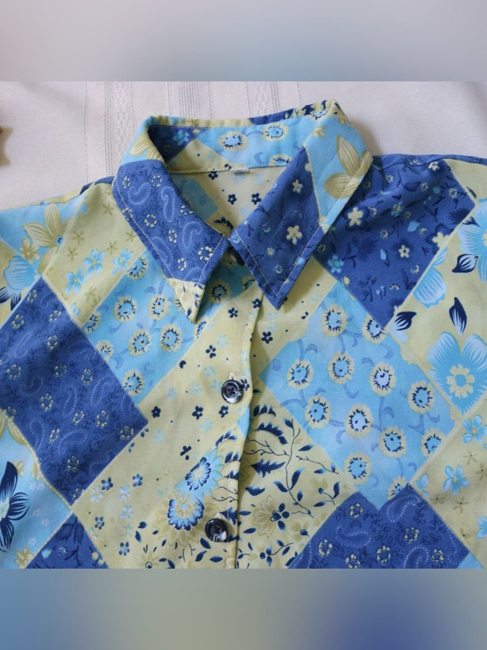 Blue floral patchwork patterned button down blouse - Picture 3 of 7